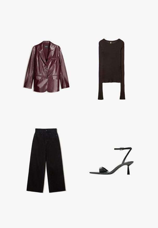 Burgundska forma kožna jakna s glatkom teksturom, jednim gumbom, oštrim reverima i dva prednja džepa.; Dugi rukavi, uska majica izrađena od tamnosmeđeg materijala. Okrugli izrez, glatka tekstura i blago produženi rukavi bez manžeta.; Crne, široke traperice visokog struka, s pet džepova i jednim gumbom za zakopčavanje sprijeda.; Bershka Sandale s visokom petom - black