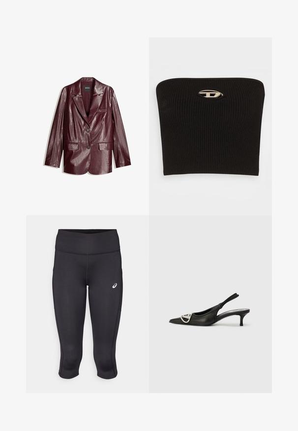 Burgundy tekonahkalevy, jossa on sileä pinta, yksirivinen napitus, terävät liivit ja kaksi etutaskua.; Mustan ribbed hihaton toppi, jossa on erottuva ovaalinmuotoinen hopeinen logokehä keskellä. Sujuva pinta ja istuva muotoilu.; Mustat liikuntatrikoot, joissa on sileä pinta, venyvä kangas, korkea vyötärö ja pieni valkoinen logo vasemmalla puolella.; Musta nahkainen slingback-kengät, joissa on teräväkärkinen muotoilu, hopeinen logo-yksityiskohta ja pieni korko. Silkkinen pinta ja minimalistinen muotoilu.