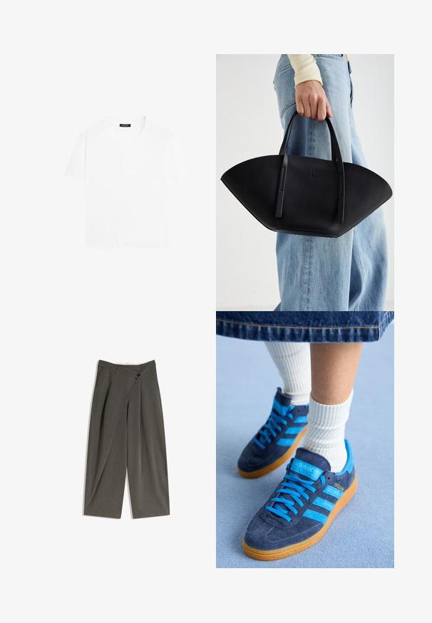 Bordeaux neplederen blazer met een soepele textuur, enkele knoopsluiting, scherpe revers en twee voorzakken.; Witte korte mouwen t-shirt van katoen. Heeft een ronde halslijn en een ontspannen pasvorm. Glad textuur, geen patronen of accenten.; Cropped broek met wijde pijpen in een donkergrijze stof. Heeft een platte voorkant, zijzakken en een enkele knoopsluiting. Glad textuur, op maat gemaakte pasvorm.; adidas Originals HANDBALL SPEZIAL - Sneakers laag - night indigo/bright blue; Zwarte leren handtas met een unieke waaier vorm, voorzien van platte handvatten. Het oppervlak heeft een gewelfde textuur en een minimalistisch ontwerp.