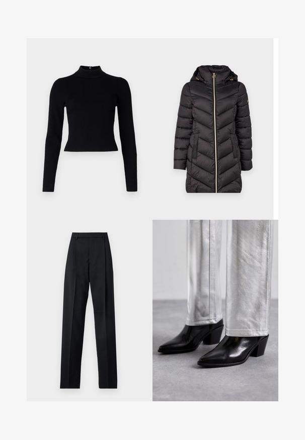Schwarze gesteppte Daunenjacke mit hohem Kragen, goldfarbigem Reißverschluss und zwei Seitentaschen. Mit Zickzacknähten und abnehmbarem Kapuze.; Schwarzer gerippter Rollkragenpullover mit langen Ärmeln und taillierter Silhouette, der eine glatte Textur und einen Reißverschlussdetail auf der Rückseite aufweist.; Schwarze Hosen aus glattem Stoff mit hoher Taille, weitem Bein, vorderen Falten und klassischen Gürtelschlaufen. Keine sichtbaren Seitentaschen.; Schwarze Leder-Stiefeletten mit spitzem Zehenbereich und Blockabsatz, kombiniert mit glänzenden silbernen Hosen, die elegante Texturen und kontrastierende Farben zur Geltung bringen.