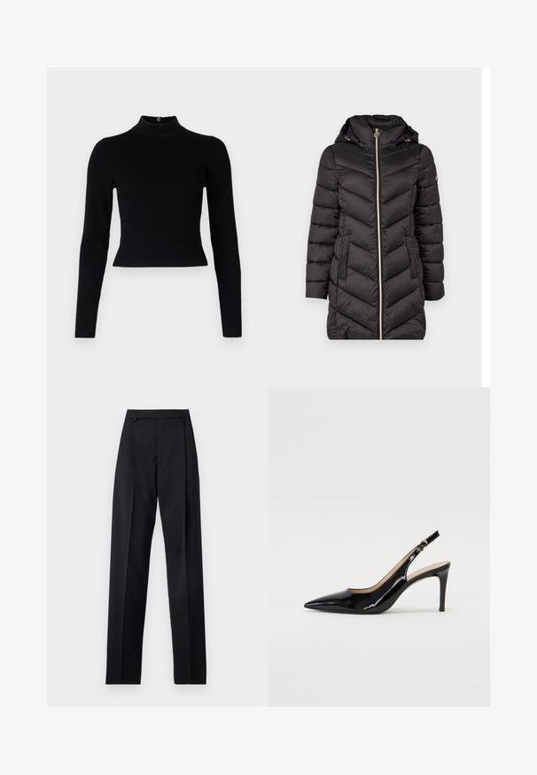 Mustasilkinen puffatakki, jossa on korkea kaulus, kultaketju ja kaksi sivutaskua. Sisältää viisteompeleita ja irrotettavan hupun.; Musta ribbikuvioitu korkeakauluksinen neulepaita, jossa on pitkät hihat ja vartalonmyötäinen silhouette. Paita on sileätekoinen ja siinä on takana vetoketjuyksityiskohta.; Musta housut, jotka on valmistettu sileästä kankaasta ja joissa on korkea vyötärö, leveät lahkeet, etukaarteet ja klassiset vyölenkit. Ei näkyviä sivutaskuja.; Musta lakattu nahkainen slingback-korkokenkä, jossa on terävä kärki, kapea korko ja hillitty leikkaussuunnittelu. Varressa on kultainen solki.