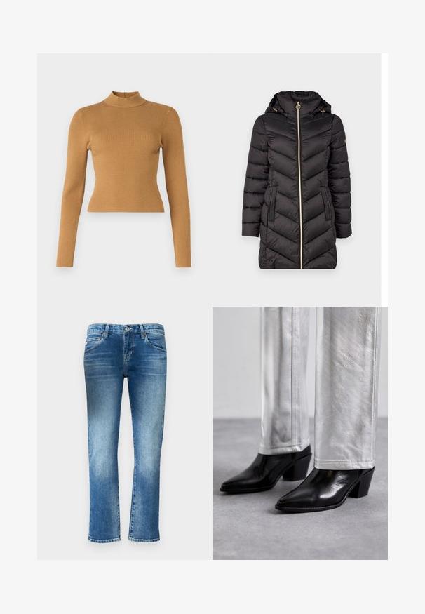 Czarna pikowana kurtka puchowa z wysokim kołnierzem, złotym zamkiem błyskawicznym i dwoma bocznymi kieszeniami. Posiada stebnowanie w zygzak i odpinany kaptur.; Ribbed golf w kolorze ciepłego brązu. Posiada długie rękawy, dopasowany krój oraz mały zamek z tyłu. Gładka tekstura.; Jasnoniebieskie dżinsy z prostymi nogawkami, delikatnym wyblaknięciem i średnim stanem. Posiadają pięć kieszeni i szlufki na pasek.; Czarne skórzane botki do kostek z ostrym noskiem i słupkowym obcasem, zestawione z błyszczącymi srebrnymi spodniami, podkreślające gładkie tekstury i kontrastujące kolory.