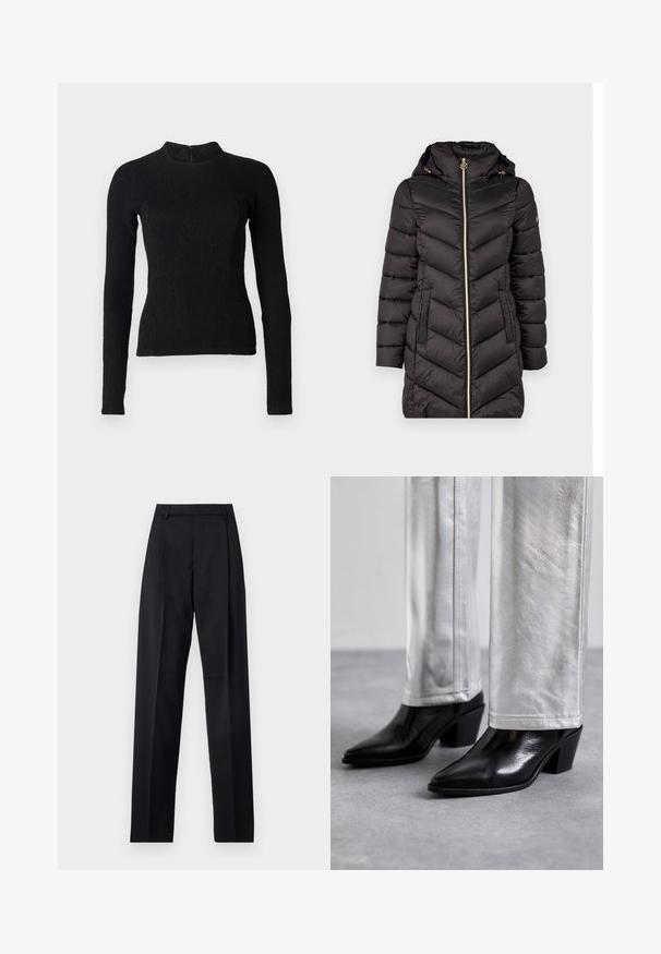 Black quilted puffer jacket with a high collar, gold zipper, and two side pockets. Features chevron stitching and a removable hood.; Black long-sleeve top with a fitted design, textured fabric, and a high neckline. Features a concealed back zipper for closure.; Black trousers made from smooth fabric featuring a high waist, wide legs, front pleats, and classic belt loops. No side pockets visible.; Black leather ankle boots with a pointed toe and block heel, paired with shiny silver pants, showcasing sleek textures and contrasting colors.