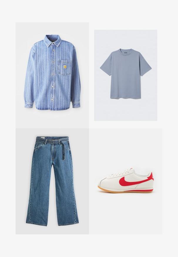 Camisa de denim azul clara com riscas verticais brancas, colarinho de ponta, frente com botões, um único bolso no peito e patch do logótipo Carhartt.; T-shirt azul claro de manga curta feito de algodão liso, com decote redondo e corte descontraído; apresenta detalhes de costura mínimos.; Jeans de ganga azuis de perna larga com cinto preso, bolsos frontais e costura visível sobre um fundo claro.; Sapatilha de couro branca com detalhes em vermelho, apresentando um bico redondo, um swoosh vermelho texturizado, atacadores brancos e uma sola de borracha de gengibre com bordas serrilhadas.