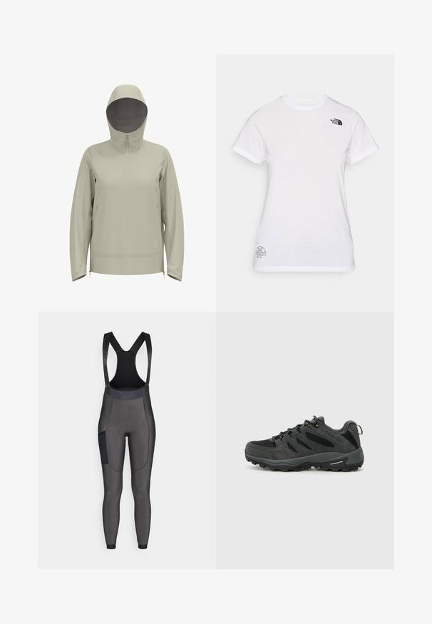 Ljusbeige vattentät jacka med huva, framdragkedja, långa ärmar och dragsnoddar i midjan och i ärmsluten. Slät textur.; Vit bomullströja med en svart logotyp på vänster bröst och en grå grafisk design längst ned till höger. Klassisk rund hals och korta ärmar.; Bibb-stil cykelbyxor i mörkgrått. Tillverkade av stretchigt material, med vadderad sits, nätremmar och en sidoficka. Slät textur.; Columbia REDMOND - Hikingskor - black/citron haze