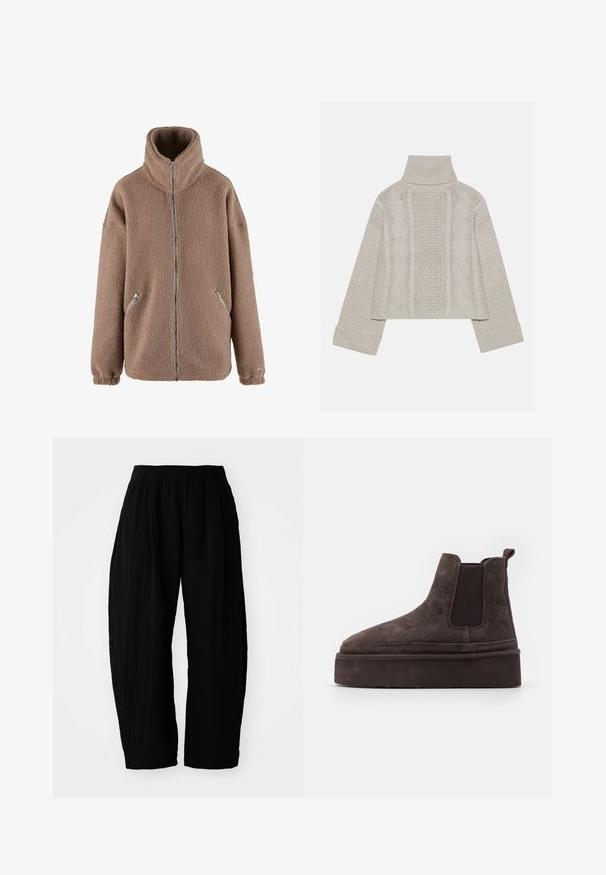 aim’n® Flísová bunda - dark clay; Zastrihnutý svetlý sivý pletený sveter s vysokým golierom a rebrovanými manžetami, so štruktúrovanými káblovými vzormi na chrbte a po stranách.; GAP WIDE LEG EASY PANT GAUZE - Nohavice - basic black; Hnedé semišové Chelsea topánky s elastickými bočnými panelmi a hrubou, štruktúrovanou platformou. Obsahujú pútko na päte pre jednoduché obúvanie.