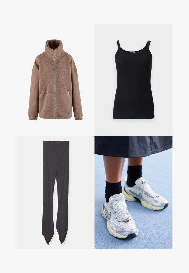 aim’n® Flísová bunda - dark clay; Čierny rebrovaný tielko s tenkými ramienkami, s okrúhlym výstrihom a priliehavým strihom. Mäkká textúra a elastický materiál.; Tmavosivé legíny vyrobené z mäkkého materiálu, s širokým pásom a zúženými koncami, ktoré sú zaoblené. Dizajn je hladký bez vzorov.; Biele a strieborné Nike tenisky s mrežovou textíliou, reflexnými akcentmi a béžovou podrážkou. Nosené s čiernymi ponožkami, stojace na modrom povrchu.