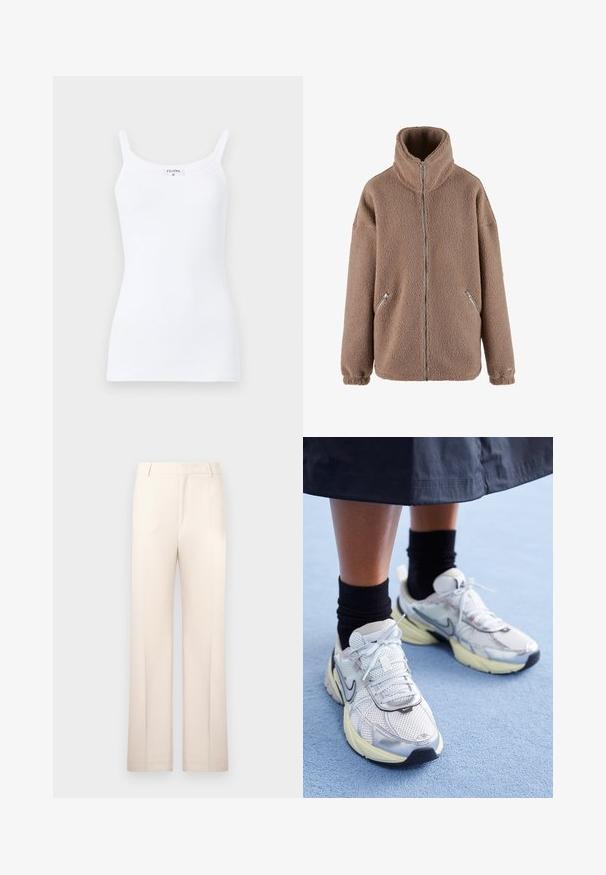 aim’n® - Kurtka z polaru; Biały prążkowany top na cienkich ramiączkach o prostym fasonie i dopasowanym kroju. Tkanina jest gładka z lekkim streczem.; Beżowe spodnie o prostym kroju, uszyte z lekkiego materiału. Posiadają fałdy z przodu i klasyczny pas.; Białe i srebrne sneakersy Nike z siateczkowym materiałem, odblaskowymi akcentami i beżową podeszwą. Noszone z czarnymi skarpetkami, stojące na niebieskiej powierzchni.