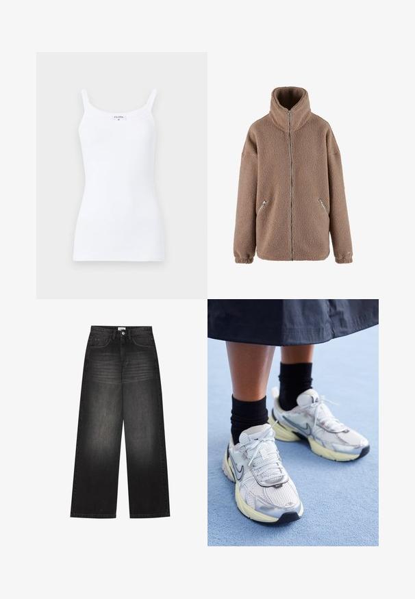 aim’n® Fleecejas - dark clay; Witte geribde tanktop met dunne bandjes, met een eenvoudig ontwerp en een aansluitende silhouette. De stof is glad met een lichte rek.; YOURTURN UNISEX - Baggy jeans - black denim; Witte en zilveren Nike sneakers van meshstof, met reflecterende accenten en een beige zool. Gedragen met zwarte sokken, staand op een blauwe ondergrond.