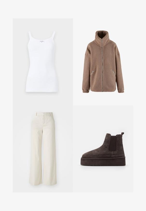 aim’n® Jachetă din fleece - dark clay; Top alb cu dungi, cu bretele subțiri, având un design simplu și o siluetă ajustată. Materialul este neted, cu o ușoară elasticitate.; Pantaloni cu picioare largi, de culoare bej deschis, dintr-un material neted. Prezintă un brâu clasic și un față plată cu linii curate.; Cizme Chelsea din suede maro, cu panouri elastice pe laterale și o talpă groasă, texturată. Dispun de un obiect de prindere la călcâi pentru a facilita îmbrăcarea.