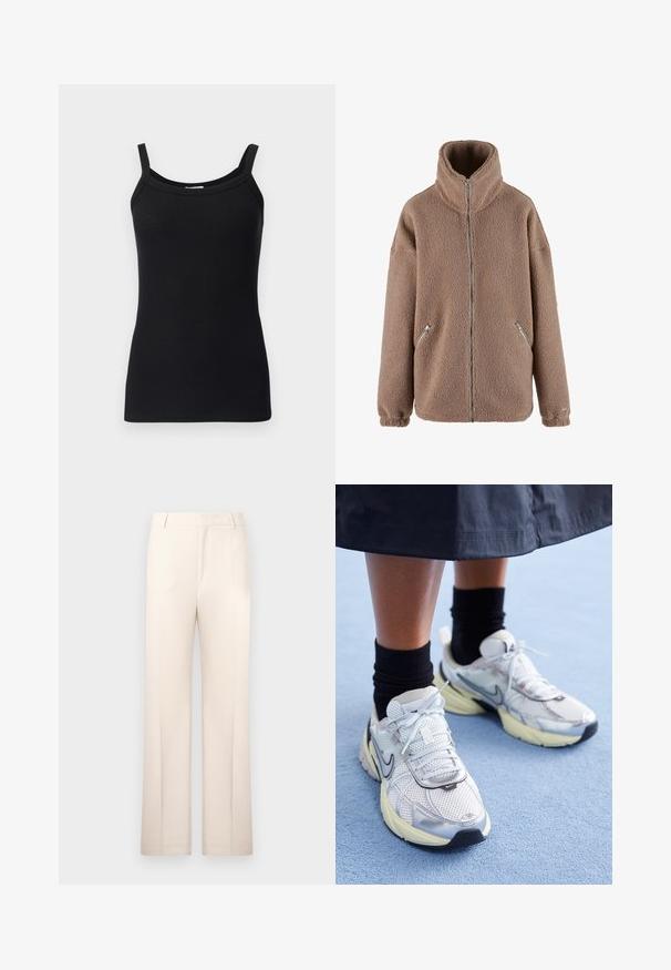 aim’n® Fleecejas - dark clay; Zwart geribbelde tanktop met dunne schouderbanden, voorzien van een ronde halslijn en een getailleerd ontwerp. Zachte textuur en rekbare stof.; Beige pantalon met een rechte pijp, gemaakt van lichtgewicht stof. Bevat voorplooien en een klassieke tailleband.; Witte en zilveren Nike sneakers van meshstof, met reflecterende accenten en een beige zool. Gedragen met zwarte sokken, staand op een blauwe ondergrond.