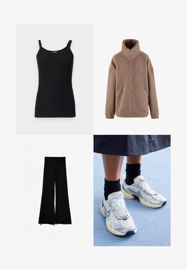 aim’n® Fleece jacket - dark clay; Black ribbed tank top with thin shoulder straps, featuring a rounded neckline and a fitted design. Soft texture and stretchy fabric.; Black flared pants with a wide leg design, featuring a smooth texture and a high waistband. Made from stretchable fabric for comfort.; White and silver Nike sneakers with mesh fabric, reflective accents, and a beige sole. Worn with black socks, standing on a blue surface.