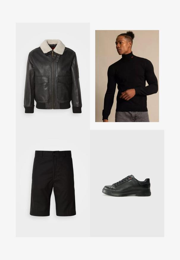 Černá kožená bombardérka s bílým beránkovým límcem. Obsahuje zlatý zip, dvě přední kapsy, žebrované manžety a strukturovaný design.; Černý rolák vyrobený z žebrovaného materiálu s dlouhými rukávy. Obsahuje malé červené logo na krku. Nosit s šedými džíny.; Černé šortky vyrobené z pevné látky, s rovný střih, zapínáním na knoflík a hladkým povrchem bez viditelných vzorů.; Černé kožené tenisky s texturovaným svrškem, polstrovaným límcem a červeným logem. Disponují tlustou gumovou podrážkou s výrazným vzorem.