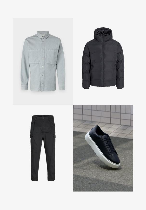 Melna polsterēta jaku ar kapuci, ar priekšējo rāvējslēdzēju, elastīgām piedurknēm un gludu, ūdensizturīgu virsmu.; Gai zila džinsa krekls ar garām piedurknēm, pogu aizdare priekšpusē, divi krūšu kabatas un sudraba pogas ar spiedpogu. Klasisks apkakle un taisna griezuma.; Melnas kravas bikses, izgatavotas no izturīga auduma, ar vairākiem kabatām, pogu aizdari un šaura piegriezuma dizainu ar sašaurinātiem kāju apakšiem.; Melnas ādas kedas ar noapaļotu pirkstu un baltu gumijas zoli. Iespējas - plakanas šņorītes un minimāla apdare augšdaļā. Struktūrēta zole, lai nodrošinātu saķeri.