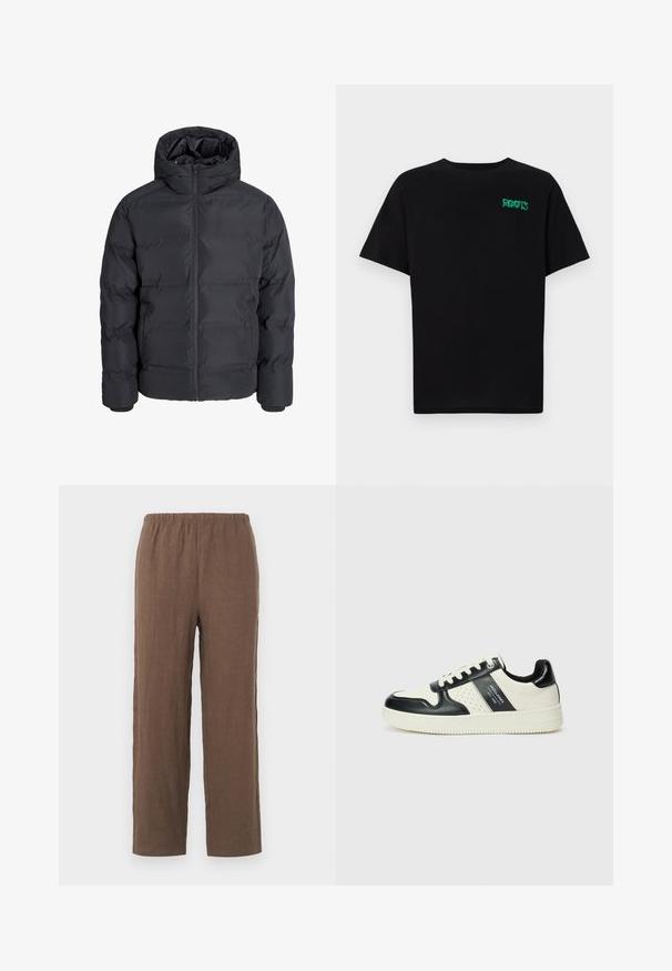 Veste matelassée noire avec capuche, dotée d'une fermeture éclair sur le devant, de poignets élastiques et d'un extérieur lisse et résistant à l'eau.; T-shirt noir en coton à manches courtes. Présente un logo "ROOTS" vert sur le devant, un col rond et une coupe standard.; Pantalons en lin marron avec une coupe décontractée, dotés d'une taille élastique extensible et de jambes droites, texture lisse et détails minimaux.; Baskets en cuir avec un schéma de couleurs noir et crème, dotées d'accents perforés, d'un col rembourré et d'une semelle texturée.