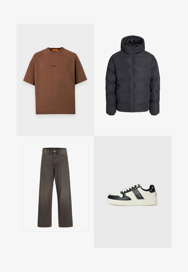 Casaco acolchoado preto com capuz, apresentando um fecho à frente, punhos elásticos e um exterior liso, resistente à água.; T-shirt de algodão castanho com um corte solto, gola redonda e pequeno logótipo bordado na parte da frente. Mangas curtas, design minimalista.; Jeans de perna larga em denim cinza escuro, com cintura alta, design clássico de cinco bolsos e costura em contraste ao longo das costuras.; Ténis de couro com um esquema de cores em preto e creme, apresentando detalhes perfurados, um colarinho acolchoado e uma sola texturizada.
