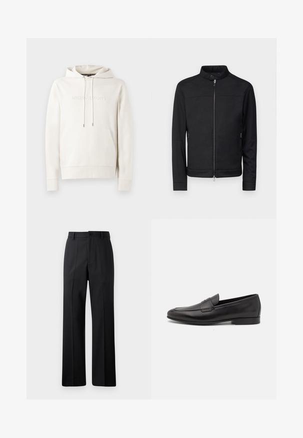 Casaco preto com gola alta, fecho éclair à frente e bolsos laterais com fecho éclair. Tecido liso, ajuste ajustado e sem padrões ou acabamentos visíveis.; Sweatshirt branco com um bolso frontal, cordões e logótipo em relevo. Feito de um tecido suave com punhos e barra em malha canelada. Design minimalista.; Calças retas pretas com passantes para cinto, fecho frontal com botão e fecho de correr, apresentadas contra um fundo branco liso.; Sapatilha masculina em couro preto, com salto baixo e um design clássico com tira de moeda, apresentada em perfil lateral sobre um fundo branco.