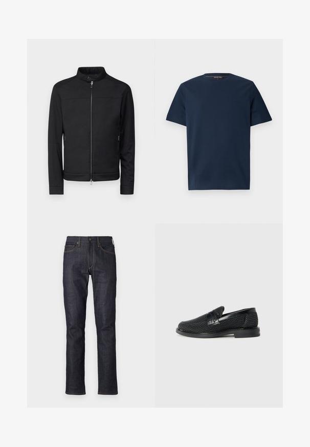Mustapuku, jossa on pystykaulus, etuvetoketju ja vetoketjulliset sivutaskut. Silkkinen kangas, muotoiltu istuvuus ja ilman näkyviä kuvioita tai korostuksia.; T-paita tummansinisestä sileästä puuvillasta, jossa on lyhyet hihat, pyöreä pääntie ja pieni kohouppokuva vasemmassa rinnassa.; rag & bone FIT AUTHENTIC STRETCH - Slim fit -farkut - mottled dark blue; Musta kudottu liukupohjallinen kenka, jossa on sileä nahkakorostus päällisessä, pyöreä kärki ja matala kumipohja.