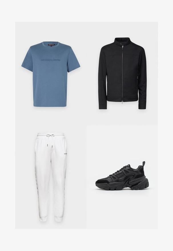 Casaco preto com gola alta, fecho éclair à frente e bolsos laterais com fecho éclair. Tecido liso, ajuste ajustado e sem padrões ou acabamentos visíveis.; T-shirt de algodão azul claro com decote redondo e mangas curtas, com "MICHAEL KORS" em relevo na parte frontal na mesma tonalidade.; Michael Kors LOGO TAPE PANT - Calças de fato de treino - white; Sapatilhas atléticas pretas com uma combinação de texturas mates e brilhantes, apresentando uma sola robusta, detalhes em malha e um logótipo na lateral.