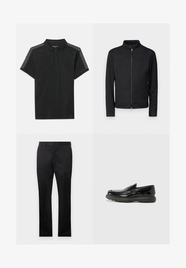 Fekete dzseki álló gallérral, elülső cipzárral és cipzáros oldalzsebekkel. Simító anyag, testhezálló szabás, és nincs látható minta vagy díszítés.; Fekete galléros póló, három gombbal és rövid ujjakkal. Szürke mintázott díszítéssel a vállak mentén. Puha pamut anyag.; Fekete pamut nadrág egyenes láb kialakítással, elülső gombos zárással és oldalsó zsebekkel, sima textúrával, látható minták nélkül.; Fekete bőr loafer, fényes felülettel, kerek orral, diszkrét varrási részletekkel és vastag gumitalppal a tartósság érdekében.
