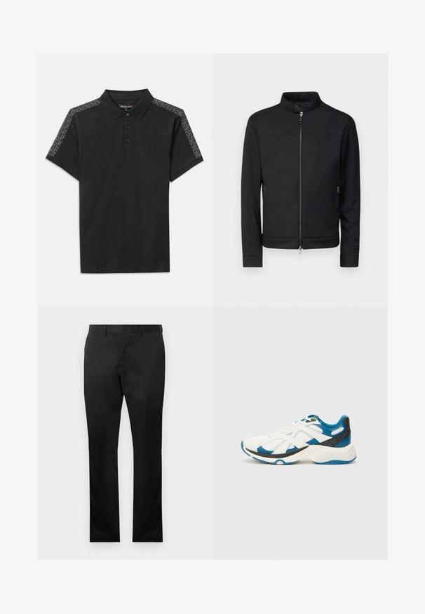 Juodas švarkas su iškeltu apykakle, priekiniais užtrauktukais ir užtrauktukais šoninėse kišenėse. Lygus audinys, pritaikytas pjūvis ir jokių matomų raštų ar akcentų.; Juodas polo marškinėliai su apykakle, trimis mygtukais ir trumpomis rankovėmis. Yra pilkai raštuoti akcentai palei pečius. Minkšta medvilnės medžiaga.; Juodos medvilninės kelnės su tiesiais kojomis, su sagčių uždarymu priekyje ir šoninėmis kišenėmis, lygia tekstūra, be matomų raštų.; Balti sportiniai bateliai su mėlynais akcentais, tinklinė ir sintetinė viršutinė dalis, tekstūruota pilka kulno dalis, apvalus pirštas ir paminkštintas baltas padas.