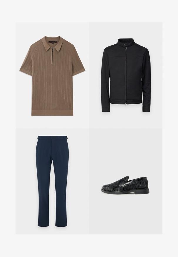 Svart jacka med ståkrage, frontdragkedja och fickor med dragkedja på sidorna. Slät tyg, skräddarsydd passform och inga synliga mönster eller detaljer.; Brun ribbad kortärmad polo-shirt med krage och halv dragkedja framtill, märkt Michael Kors, storlek medium.; Marina byxor i slätt tyg, med rak benform, bälteshällor och en enkel knappstängning. Minimalistisk stil utan mönster.; Svart vävd slip-on sko med en slät läderdetalj på ovansidan, med rund tådesign och en låg gummisula.