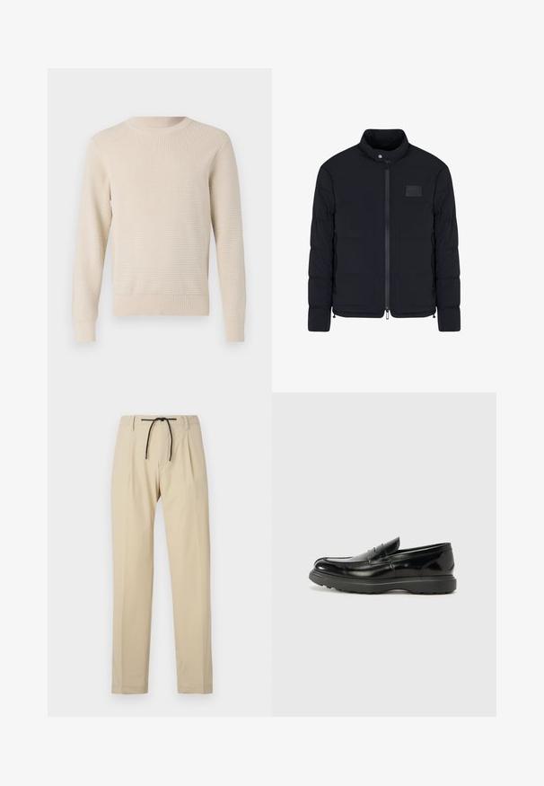 Giacca nera imbottita da uomo con colletto alla coreana, cerniera frontale, tasche laterali e una piccola toppa rettangolare sul petto.; Maglione beige lavorato a maglia con un motivo testurizzato, scollo rotondo e polsini e orlo a coste. Fit classico con maniche lunghe.; Pantaloni beige con una vestibilità dritta, dotati di una vita con cordoncino, frontale plissettato e texture liscia. Design semplice e versatile.; Mocassino in pelle nera con finitura lucida, punta arrotondata, dettagli di cucitura sottili e suola in gomma spessa per una maggiore durata.