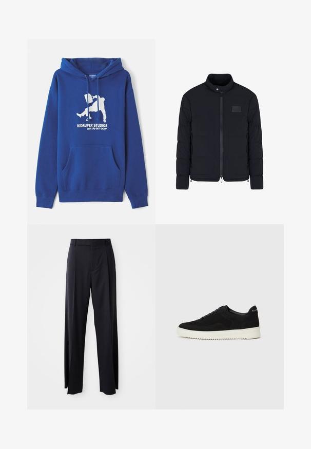 Men's black quilted jacket with stand collar, front zipper, side pockets, and a small rectangular chest patch.; Blue hoodie made of cotton blend, featuring a front kangaroo pocket, drawstrings, and white graphic print with brand name and slogan.; Black, high-waisted trousers with a wide-leg cut, made of smooth fabric. Features front pleats and belt loops. Minimalistic design, no visible hardware.; Black suede sneaker with lace-up design and contrasting white rubber sole. Features textured side panels and subtle branding on the heel.