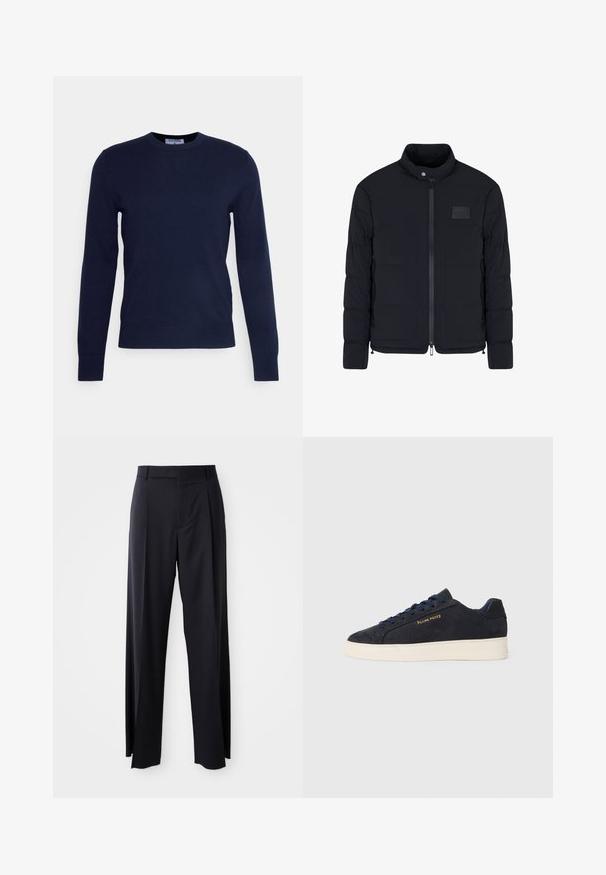 Giacca nera imbottita da uomo con colletto alla coreana, cerniera frontale, tasche laterali e una piccola toppa rettangolare sul petto.; Maglione a collo tondo blu navy realizzato in morbido tessuto, con maniche lunghe e orlo a coste. Senza motivi o decorazioni visibili.; Pantaloni neri a vita alta con gamba larga, realizzati in tessuto liscio. Presentano pieghe frontali e passanti per cintura. Design minimalista, senza hardware visibile.; Sneaker bassa in suede blu navy con suola bianca, lacci blu navy e logo "Filling Pieces" in oro sul lato.