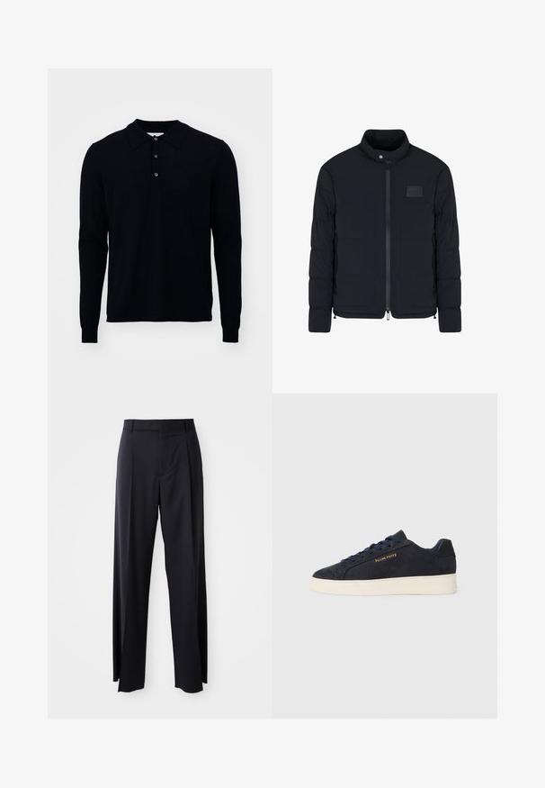 Schwarze, gesteppte Herrenjacke mit Stehkragen, Frontreißverschluss, Seitentaschen und einem kleinen rechteckigen Brustpatch.; Langarm-Poloshirt in Dunkelblau, gefertigt aus feinem Strickstoff. Es verfügt über einen Kragen, eine Drei-Knopf-Leiste und gerippte Bündchen.; Schwarze, hoch taillierte Hose mit weitem Bein, aus glattem Stoff. Verfügt über vorne gelegte Falten und Gürtelschlaufen. Minimalistisches Design, ohne sichtbare Beschläge.; Marineblaue Wildleder Low-Top Sneaker mit weißer Sohle, marineblauen Schnürsenkeln und goldenem "Filling Pieces" Logo an der Seite.