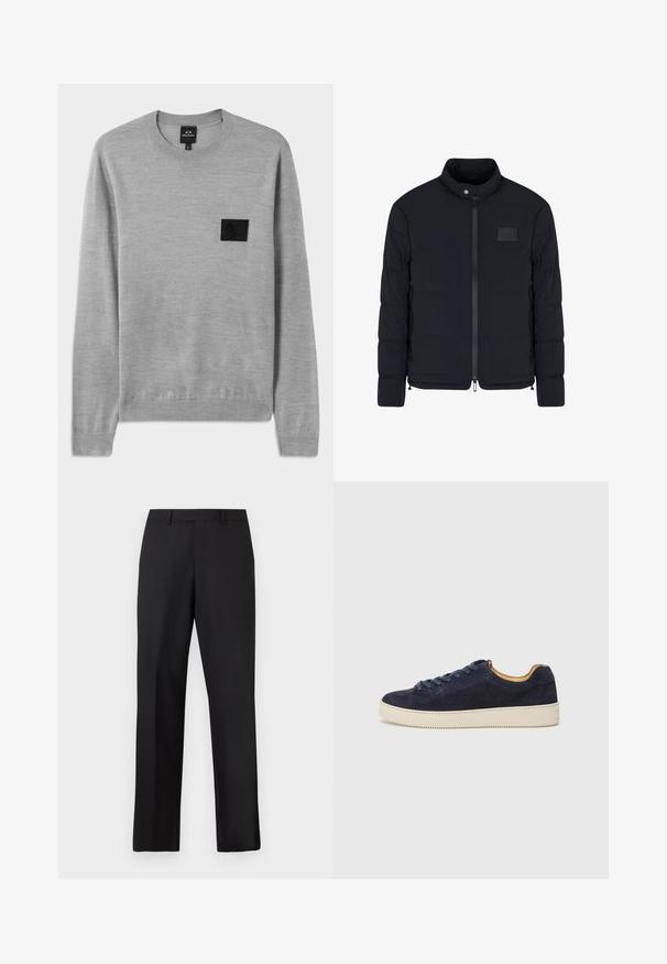 Heren zwarte doorgestikte jas met opstaande kraag, ritssluiting aan de voorkant, zijzakken en een klein rechthoekig borstvlak.; Grijze trui met een ronde hals, lange mouwen en geribde manchetten. Heeft een gestructureerde zwarte logo-label op de borst. Zacht gebreid materiaal.; Zwarte, rechte broek van gladde stof. Voorzien van een standaard tailleband en geen zichtbare patronen of accenten.; Marine blauwe suedekleurige low-top sneaker met ronde neus, off-white rubberen zool en bijpassende veters; heeft een contrasterende tan interieur voering.