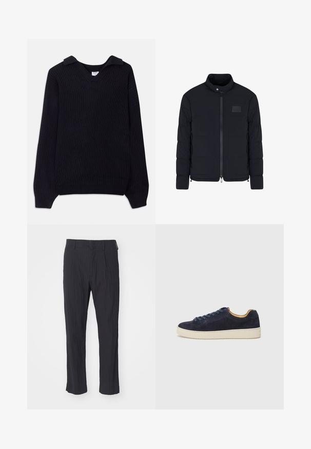 Schwarze, gesteppte Herrenjacke mit Stehkragen, Frontreißverschluss, Seitentaschen und einem kleinen rechteckigen Brustpatch.; Schwarzer gerippter Pullover mit V-Ausschnitt und umgeschlagenem Kragen. Hat lange Ärmel und ein strukturiertes Strickmuster. Weiches Material.; Schwarze plissee Hosen aus strukturiertem Stoff, mit geradem Bein und normalem Bund. Keine sichtbaren Taschen oder Beschläge.; Marineblaues Wildleder-Low-Top-Sneaker mit runder Zehenpartie, off-white Gummisohle und passenden Schnürsenkeln; hat ein kontrastierendes, tannfarbiges Innenfutter.