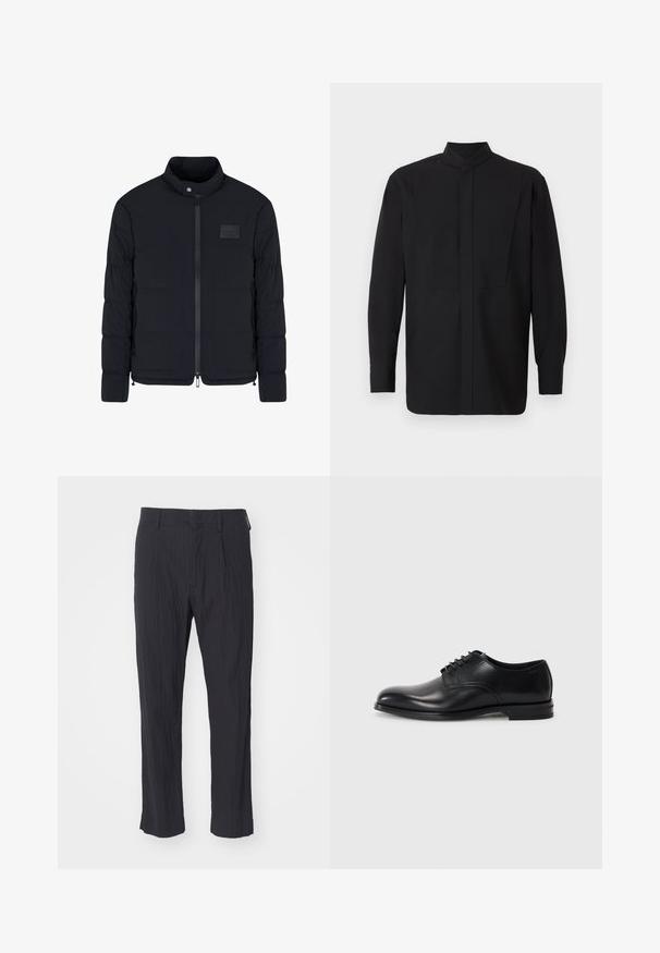Schwarze, gesteppte Herrenjacke mit Stehkragen, Frontreißverschluss, Seitentaschen und einem kleinen rechteckigen Brustpatch.; Schwarzes Langarmshirt mit hohem Kragen, geradem Schnitt und minimalistischem Design. Der Stoff wirkt glatt und strukturiert.; Schwarze plissee Hosen aus strukturiertem Stoff, mit geradem Bein und normalem Bund. Keine sichtbaren Taschen oder Beschläge.; Schwarze Lederschuhe mit runder Zehenpartie, Schnürdesign, glatter Textur und einer flachen Gummisohle. Minimale Nähte.