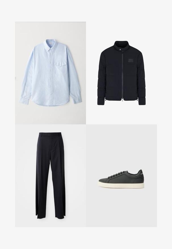 Schwarze, gesteppte Herrenjacke mit Stehkragen, Frontreißverschluss, Seitentaschen und einem kleinen rechteckigen Brustpatch.; Hellblaues, knöpfbares Hemd aus weichem Stoff, mit einem klassischen Kragen, langen Ärmeln und einer Brusttasche mit Klappe.; Schwarze, hoch taillierte Hose mit weitem Bein, aus glattem Stoff. Verfügt über vorne gelegte Falten und Gürtelschlaufen. Minimalistisches Design, ohne sichtbare Beschläge.; Schwarze Ledersneaker mit niedrigem Profil, abgerundeter Zehe und Schnürverschluss; ausgestattet mit einer strukturierten Gummisohle und Logo-Detail an der Ferse.