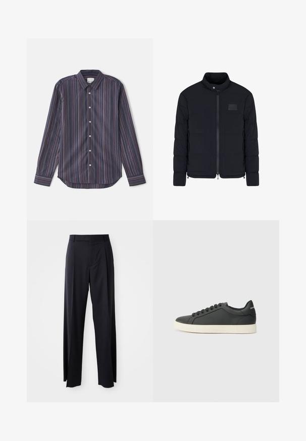 Giacca nera imbottita da uomo con colletto alla coreana, cerniera frontale, tasche laterali e una piccola toppa rettangolare sul petto.; Camicia a maniche lunghe a righe in blu scuro con linee verticali rosse, arancioni e viola. Presenta colletto alla francese e bottoni bianchi.; Pantaloni neri a vita alta con gamba larga, realizzati in tessuto liscio. Presentano pieghe frontali e passanti per cintura. Design minimalista, senza hardware visibile.; Sneaker in pelle nera con profilo basso, punta tondeggiante e chiusura stringata; presenta una suola in gomma testurizzata e dettaglio del logo sul tallone.