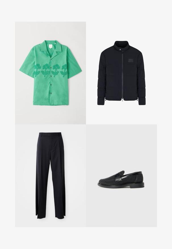 Schwarze, gesteppte Herrenjacke mit Stehkragen, Frontreißverschluss, Seitentaschen und einem kleinen rechteckigen Brustpatch.; Kurzärmliges grünes Hemd aus weichem Stoff, mit dunkelgrüner floralem Stickerei auf der Vorderseite, Knopfverschluss und klassischem Kragen.; Schwarze, hoch taillierte Hose mit weitem Bein, aus glattem Stoff. Verfügt über vorne gelegte Falten und Gürtelschlaufen. Minimalistisches Design, ohne sichtbare Beschläge.; Schwarzer geflochtener Slipper mit einem glatten Lederakzent im Obermaterial, einem runden Zehendesign und einer flachen Gummisohle.
