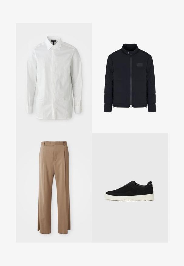 Heren zwarte doorgestikte jas met opstaande kraag, ritssluiting aan de voorkant, zijzakken en een klein rechthoekig borstvlak.; Witte lange mouwen blouse van lichtgewicht stof met een gestructureerde kraag, een knoopsluiting aan de voorkant en een subtiel textuurpatroon op de stof.; Lichtbruine op maat gemaakte broek met rechte pijpen, riemlussen, voornaad en verborgen sluiting, plat weergegeven op een witte achtergrond.; Zwarte suède sneakers met vetersluiting en contrasterende witte rubberen zool. Voorzien van textuurpanelen aan de zijkanten en subtiele branding op de hiel.