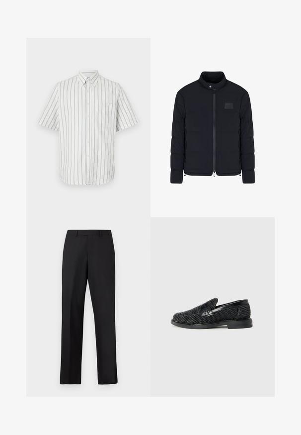 Giacca nera imbottita da uomo con colletto alla coreana, cerniera frontale, tasche laterali e una piccola toppa rettangolare sul petto.; Camicia a maniche corte con bottoni di colore bianco con strisce verticali grigie scure, dotata di tasca sul lato sinistro del petto e colletto standard.; Pantaloni neri a gamba dritta in tessuto liscio. Presentano una vita standard e nessun motivo o accento visibile.; Scarpa nera a mocassino intrecciata con un accentuato in pelle liscia sulla parte superiore, design a punta rotonda e suola in gomma a profilo basso.