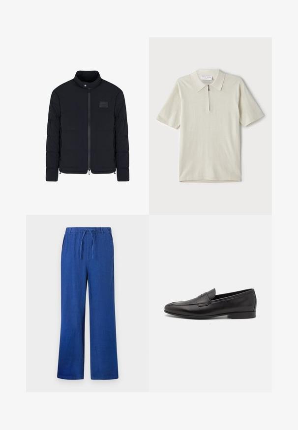 Heren zwarte doorgestikte jas met opstaande kraag, ritssluiting aan de voorkant, zijzakken en een klein rechthoekig borstvlak.; Korte mouwen polo in lichtbeige met een ritskraag. Gemaakt van gladde stof, voorzien van een eenvoudig, modern ontwerp zonder patronen.; Blauwe wijde broek met elastische taille en trekkoord, met zijzakken, weergegeven tegen een witte achtergrond.; Zwarte leren herenloafers met een lage hak en een klassiek pennystrap-ontwerp, getoond in zijaanzicht op een witte achtergrond.