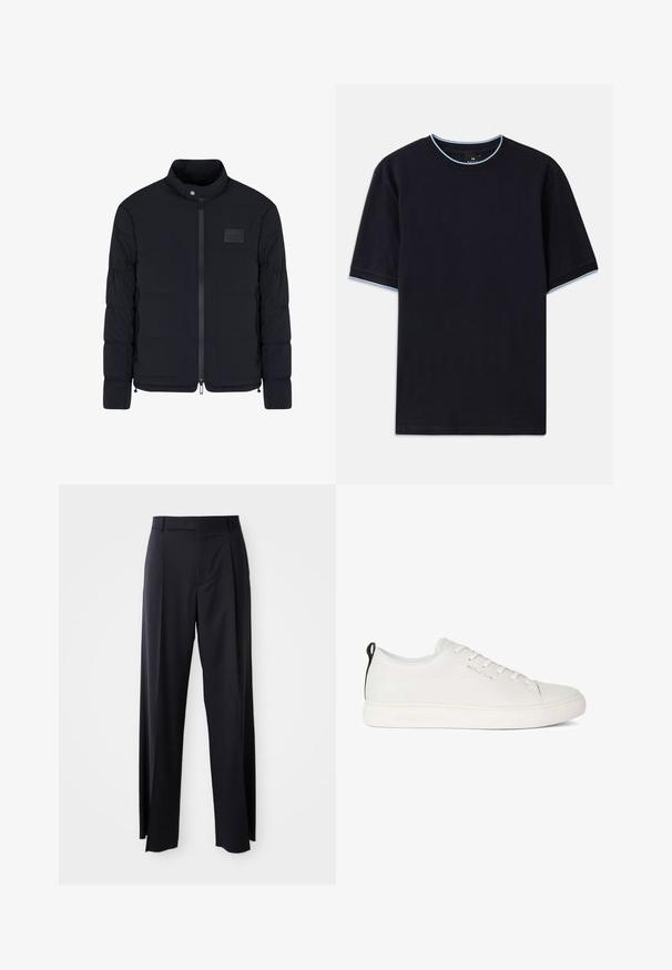 Giacca nera imbottita da uomo con colletto alla coreana, cerniera frontale, tasche laterali e una piccola toppa rettangolare sul petto.; T-shirt a maniche corte di colore blu scuro con scollo rotondo, caratterizzato da dettagli azzurri al colletto e sulle maniche. Realizzato in morbido tessuto di cotone.; Pantaloni neri a vita alta con gamba larga, realizzati in tessuto liscio. Presentano pieghe frontali e passanti per cintura. Design minimalista, senza hardware visibile.; Sneaker in pelle bianca con punta arrotondata, suola piatta in gomma e cuciture in tono. Presenta un sistema di allacciatura frontale e un tab di estrazione nera sul tallone.