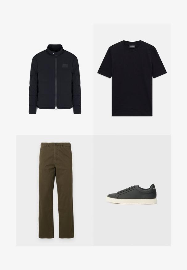 Schwarze, gesteppte Herrenjacke mit Stehkragen, Frontreißverschluss, Seitentaschen und einem kleinen rechteckigen Brustpatch.; Schwarzes kurzärmeliges T-Shirt mit Rundhalsausschnitt und dezentem, geprägtem Muster sowie Markenlabel im Kragen, flach auf weißem Hintergrund ausgelegt.; Herren gerade geschnittene braune Baumwollhosen mit Gürtelschlaufen, vorderem Knopf und Reißverschluss vor einem hellen Hintergrund.; Schwarze Ledersneaker mit niedrigem Profil, abgerundeter Zehe und Schnürverschluss; ausgestattet mit einer strukturierten Gummisohle und Logo-Detail an der Ferse.