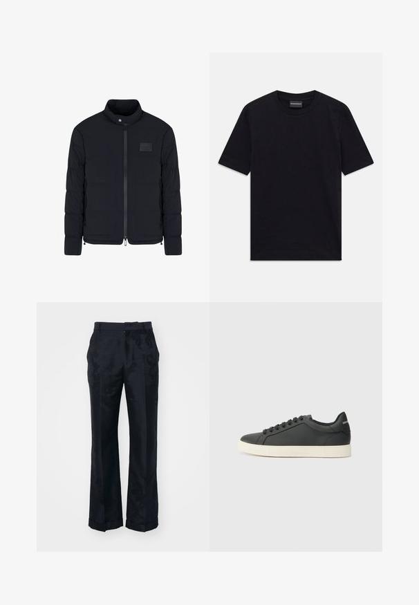 Heren zwarte doorgestikte jas met opstaande kraag, ritssluiting aan de voorkant, zijzakken en een klein rechthoekig borstvlak.; Zwarte T-shirt met korte mouwen en ronde hals met een subtiele reliëfpatroon en merklabel in de kraag, plat gelegd op een witte achtergrond.; Zwarte, wijde broek met een subtiele bloemenstructuur, zachte stof en omgeslagen zomen. Ontworpen met een standaard tailleband en een vlakke voorkant.; Zwarte leren sneaker met een laag profiel, ronde neus en vetersluiting; beschikt over een getextureerde rubberen zool en logo-detail op de hiel.