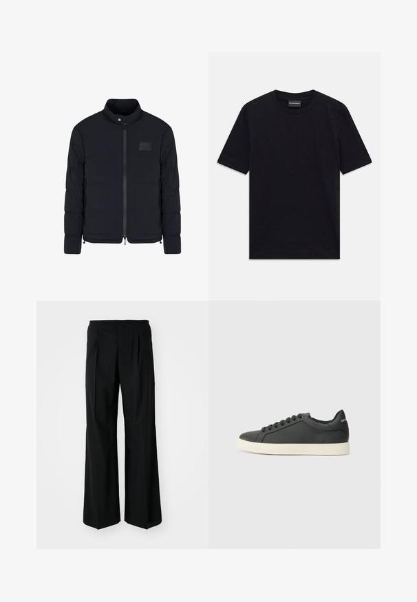 Heren zwarte doorgestikte jas met opstaande kraag, ritssluiting aan de voorkant, zijzakken en een klein rechthoekig borstvlak.; Zwarte T-shirt met korte mouwen en ronde hals met een subtiele reliëfpatroon en merklabel in de kraag, plat gelegd op een witte achtergrond.; 032c OFFICE ATTIRE' WIDE LEG PANTS - Broek - black; Zwarte leren sneaker met een laag profiel, ronde neus en vetersluiting; beschikt over een getextureerde rubberen zool en logo-detail op de hiel.