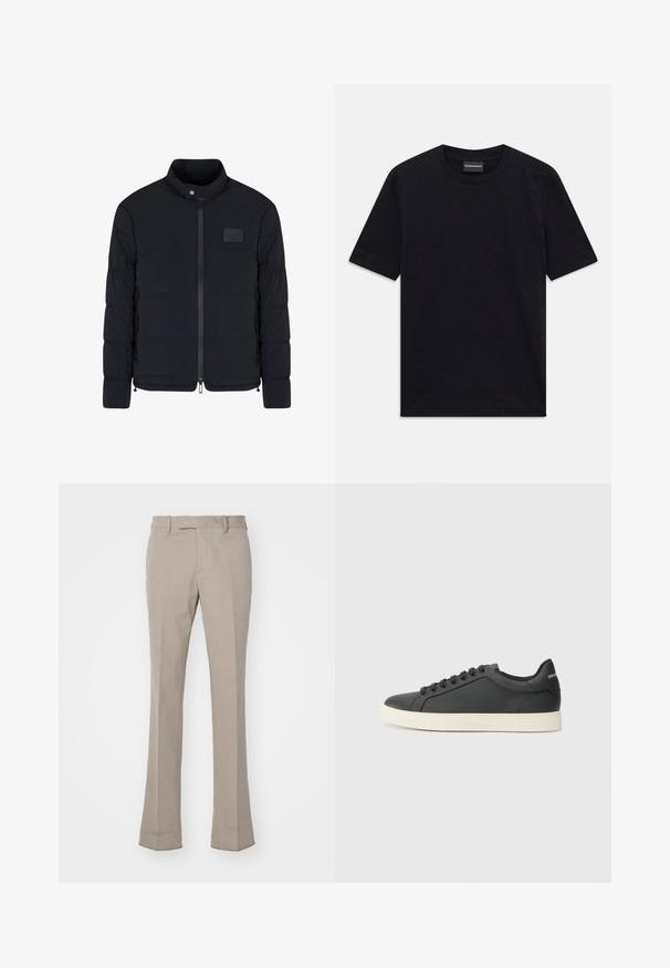 Men's black quilted jacket with stand collar, front zipper, side pockets, and a small rectangular chest patch.; Black short-sleeve crew neck T-shirt with subtle embossed pattern and brand label inside collar, laid flat on white background.; Light beige trousers with a straight-leg design, made from a smooth fabric. Features a belt loop waistband and clean, tailored seams.; Black leather sneaker with a low profile, rounded toe, and lace-up closure; features a textured rubber sole and logo detail on the heel.