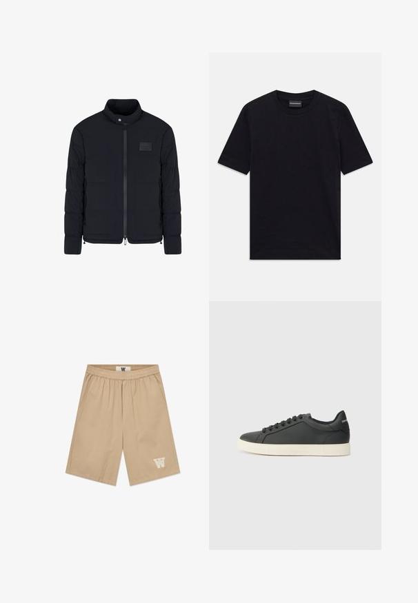 Veste matelassée noire pour homme avec col montant, fermeture éclair frontale, poches latérales et petite écusson rectangulaire sur la poitrine.; T-shirt noir à manches courtes et col ras du cou avec un motif en relief subtil et une étiquette de marque à l'intérieur du col, posé à plat sur un fond blanc.; Shorts beiges en tissu léger avec une taille élastique, des poches latérales et un accent logo blanc sur la jambe inférieure gauche.; Baskets en cuir noir avec un profil bas, bout rond et fermeture lacée ; elles présentent une semelle en caoutchouc texturée et un détail de logo au niveau du talon.