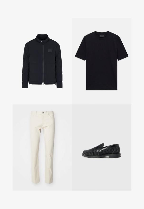 Heren zwarte doorgestikte jas met opstaande kraag, ritssluiting aan de voorkant, zijzakken en een klein rechthoekig borstvlak.; Zwarte T-shirt met korte mouwen en ronde hals met een subtiele reliëfpatroon en merklabel in de kraag, plat gelegd op een witte achtergrond.; Beige katoenen broek met een rechte pijpontwerp, voorzien van een sluiting met een knoop aan de voorkant, ceintuurlussen en zijzakken. Soepele textuur, ingetogen uitstraling.; Zwartegeweven instap schoenen met een glad leren accent aan de bovenkant, een ronde neusontwerp en een laag profiel rubberen zool.