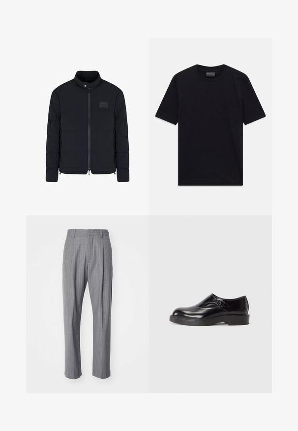 Schwarze, gesteppte Herrenjacke mit Stehkragen, Frontreißverschluss, Seitentaschen und einem kleinen rechteckigen Brustpatch.; Schwarzes kurzärmeliges T-Shirt mit Rundhalsausschnitt und dezentem, geprägtem Muster sowie Markenlabel im Kragen, flach auf weißem Hintergrund ausgelegt.; NN.07 KAY - Stoffhose - grey; Schwarzer Lederschuh mit runder Zehenform, niedrigem schwarzen Absatz und einem dekorativen Riemen. Glatte Textur mit glänzendem Finish.