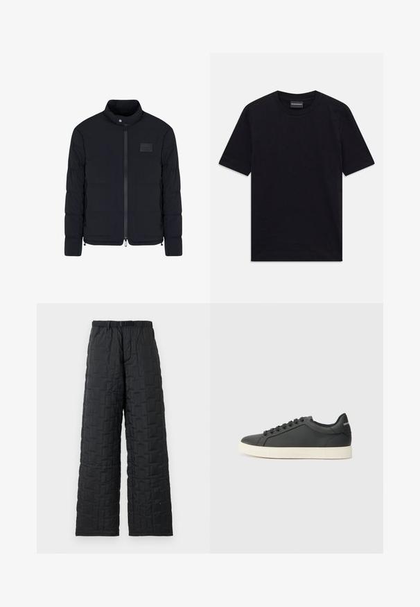 Veste matelassée noire pour homme avec col montant, fermeture éclair frontale, poches latérales et petite écusson rectangulaire sur la poitrine.; T-shirt noir à manches courtes et col ras du cou avec un motif en relief subtil et une étiquette de marque à l'intérieur du col, posé à plat sur un fond blanc.; Pantalons matelassés noirs avec une coupe ample, présentant un motif texturé, une taille élastique avec une ceinture, et deux poches latérales.; Baskets en cuir noir avec un profil bas, bout rond et fermeture lacée ; elles présentent une semelle en caoutchouc texturée et un détail de logo au niveau du talon.