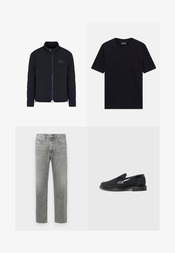 Schwarze, gesteppte Herrenjacke mit Stehkragen, Frontreißverschluss, Seitentaschen und einem kleinen rechteckigen Brustpatch.; Schwarzes kurzärmeliges T-Shirt mit Rundhalsausschnitt und dezentem, geprägtem Muster sowie Markenlabel im Kragen, flach auf weißem Hintergrund ausgelegt.; Graue Jeans aus Denim mit geradem Schnitt, die ein klassisches Fünf-Taschen-Design und dezente Ausbleichungen für mehr Struktur aufweisen. Standardmäßiger Reißverschluss. ; Schwarzer geflochtener Slipper mit einem glatten Lederakzent im Obermaterial, einem runden Zehendesign und einer flachen Gummisohle.