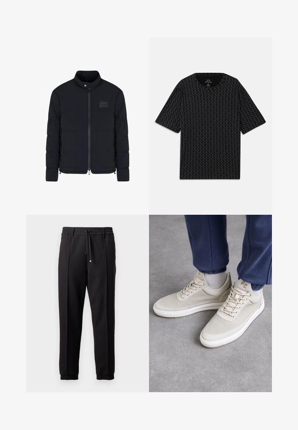 Veste matelassée noire pour homme avec col montant, fermeture éclair frontale, poches latérales et petite écusson rectangulaire sur la poitrine.; T-shirt noir avec un motif texturé de logos 'A' alternés, manches courtes et col rond. Fabriqué en tissu léger.; Pantalons noirs avec une taille élastique, cordon de serrage et poignets élastiques. Présente des plis et un tissu lisse et texturé.; Baskets beiges en matériau texturé, à bout rond, avec des lacets et un design minimaliste. Semelle blanche avec des détails beige clair. Porté avec un jogging bleu marine.